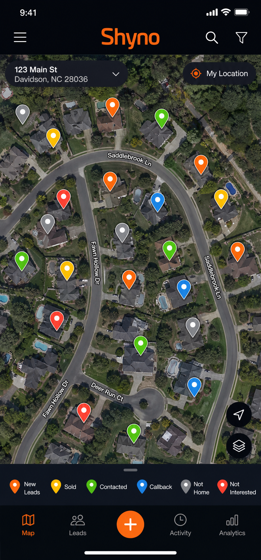 Shyno satellite map with pins